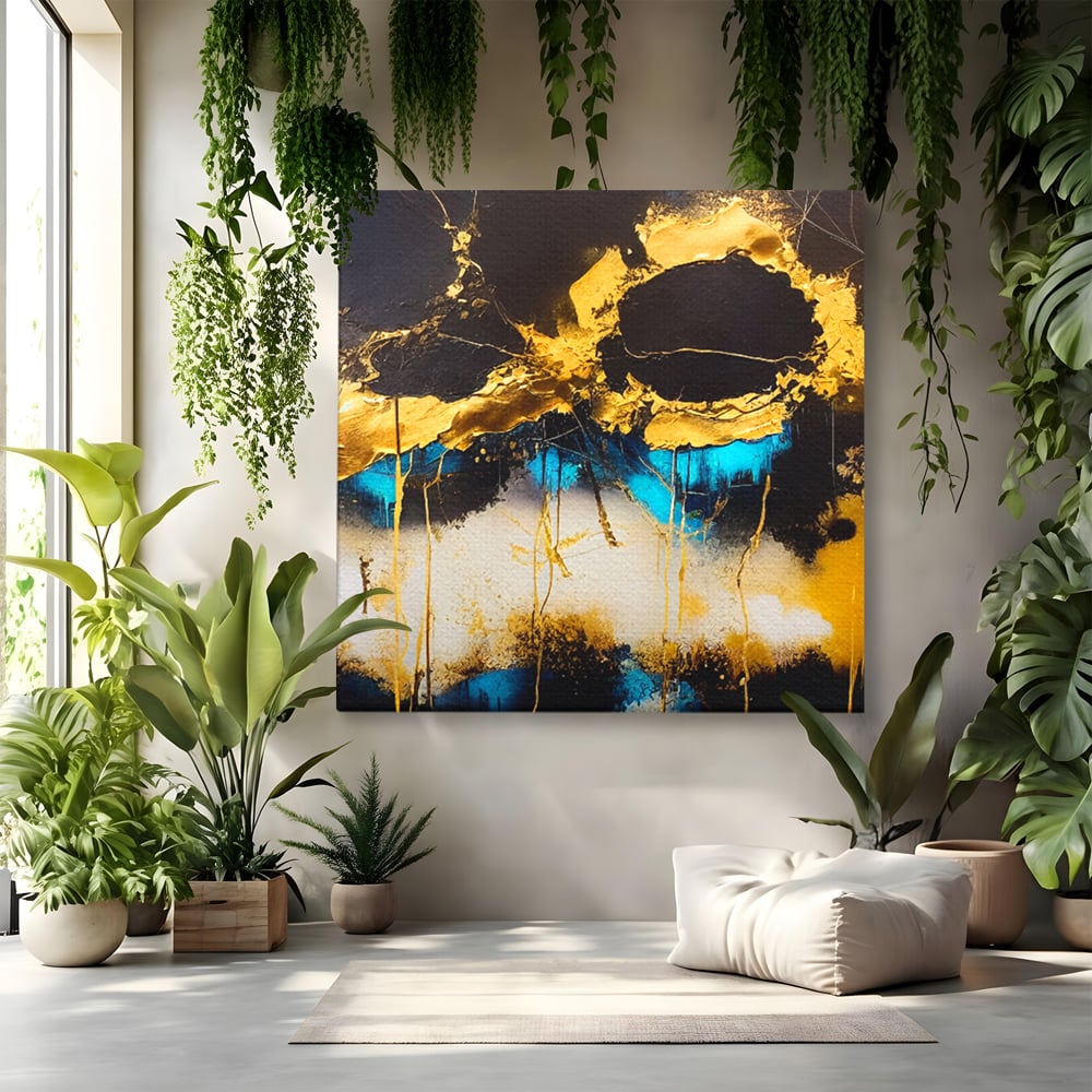 Tablou canvas cu pictura abstracta cu forme aurii si albastre, fara rama, pe sasiu de lemn